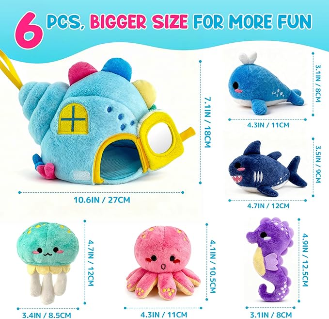 pamexin Baby Toys 6-12 Months, Ocean Stuffed Animals Set with 1 Conch House and 5 Sea Creatures, Rattle, Lanyard, Mirror, Montessori Toys for 6+ Month Old, Gifts for Babies Grandkids