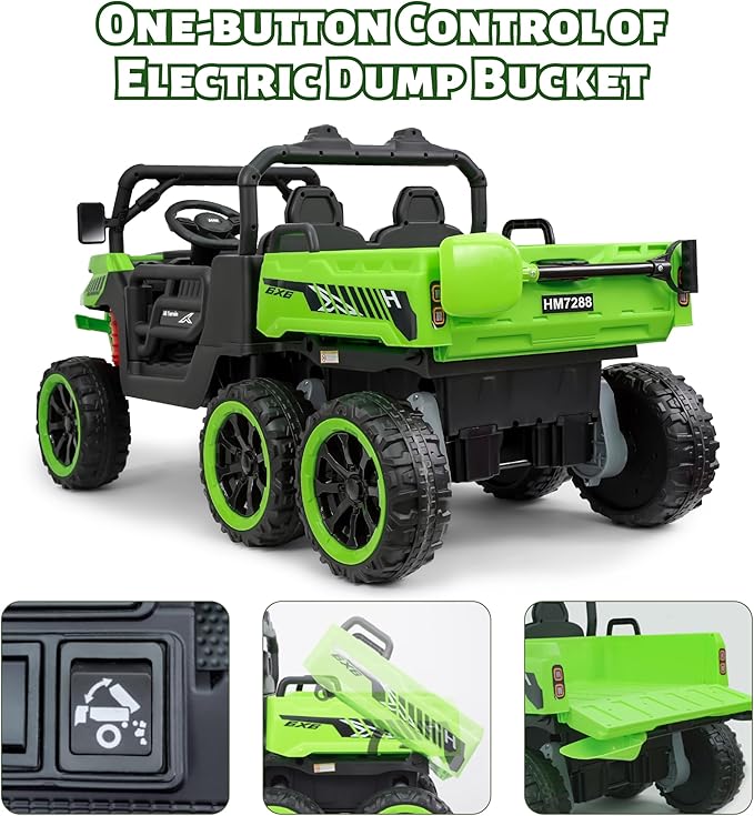 24V UTV 2 Seater Dump Truck with Remote Control, Electric Dump Bed, 4WD Power Ride on Truck Cars 6x6 Wheels, Music, Storage Trunk, Shovel for Kids-Green