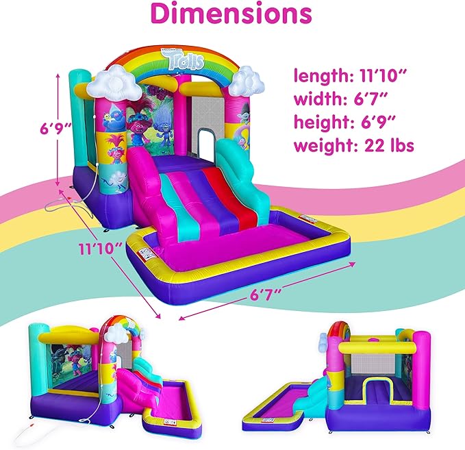 Funormous Trolls Bounce House with Slide & Ball Pit – Indoor/Outdoor Inflatable Play Castle with Heavy-Duty Air Blower for Kids Ages 3–8