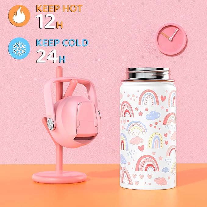 14oz Kids Insulated Water Bottle with Straw Lid - 18/8 Stainless Steel Kid Cup Travel Tumbler Double Wall Vacuum Leak Proof Portable Toddler Water Bottle (Rainbow)