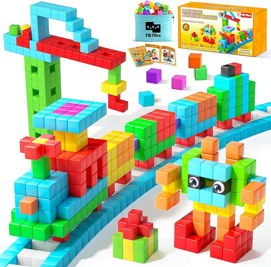 65PCS Magnetic Blocks with Magnet Eyes Toy, Magnetic Building Blocks with Storage Bag for Kids Gifts, STEM Preschool Sensory Magnetic Cubes for Toodlers Boys Girls Ages 3 4 5 6 7 8, Bright Color