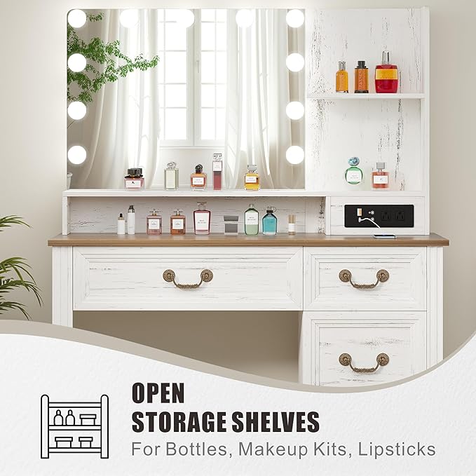 Farmhouse Vanity Desk with Lighted Mirror & Power Outlet, 39 inch Rustic Makeup Vanity Table with Drawers and Stool, Hollywood Mirror with Lights, White Dressing Table for Women Girls Gifts
