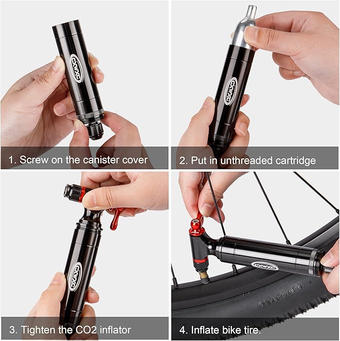 CXWXC CO2 Inflator with 4 x 16g CO2 Cartridges & Tubeless Tire Repair Kit - Presta/Schrader Valve Compatible - Bicycle Tire Pump for Road and Mountain Bikes