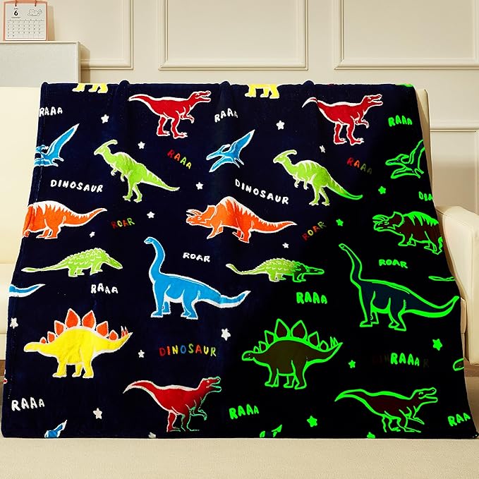 Dinosaur Gifts Toys for Boys Girls,Glow in The Dark Dinosaur Blanket, Birthday Presents Decor for Kids Age 3-14 Year Old Son Teen Child Toddler Luminous Christmas Bedroom Throw Blanket 50"x60"