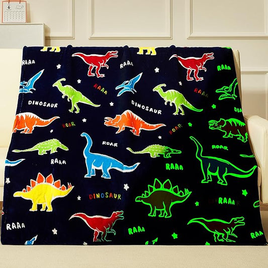 Dinosaur Gifts Toys for Boys Girls,Glow in The Dark Dinosaur Blanket, Birthday Presents Decor for Kids Age 3-14 Year Old Son Teen Child Toddler Luminous Christmas Bedroom Throw Blanket 50"x60"