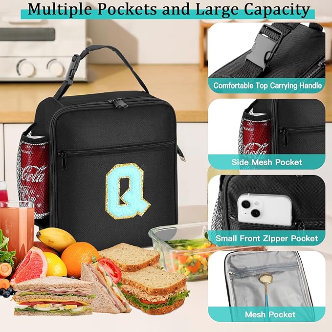Initial Insulated Lunch Bag, Lunch Box with Initial Letter Patch for Teen Adult, Reusable Lunch Bag for Men Women, Ideal Back to School Gift Birthday Gift, Blue Q