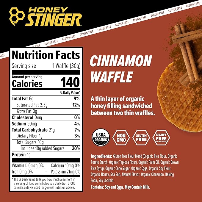 Honey Stinger Organic Gluten Free Cinnamon Waffle, Energy Stroopwafel for Exercise, Endurance and Performance, Sports Nutrition for Home & Gym, Pre and Post Workout, Box of 16 Waffles, 16.96 Ounces
