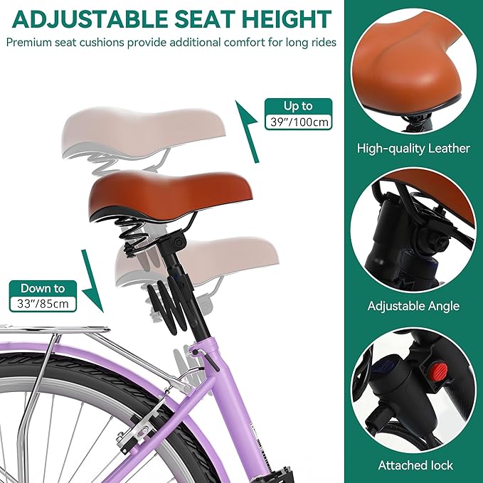 YITAHOME Beach Cruiser Bike for Women, 24 & 26 inch Commute Bike for Adults, 1 & 7 Speed Womens Bicycle with Basket Adjustable Seat, Multiple Color