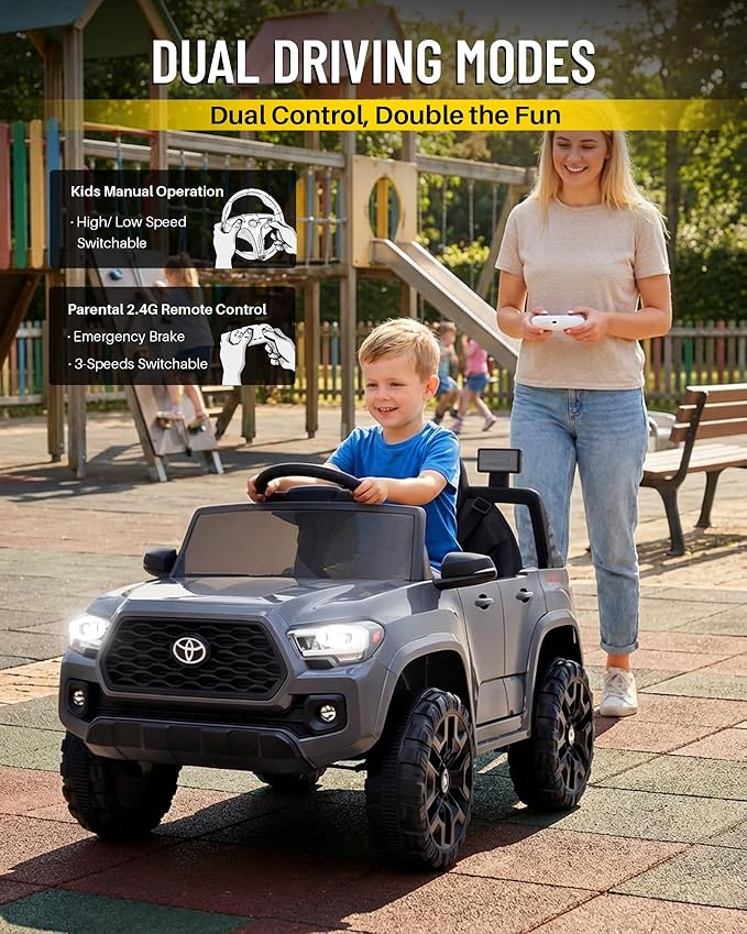 Blitzshark 12V Kids Ride on Car Licensed Toyota Tacoma Battery Powered Motorized Electric Vehicle, with Remote Control, Digital Display, Spring Suspension, Storage Space, Music & FM, Grey