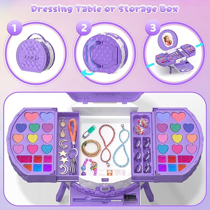 PERRYHOME Kids Makeup Sets for Girls 5-8, 57 Pcs Washable Real Cosmetic Set, Non-Toxic Toddler Makeup Toys, Girls Makeup Kit, Princess Toys & Birthday Gifts for 3 4 5 6 7 8+ Years Old (Purple)