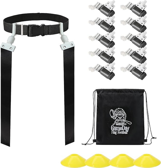 Gameday Flag Football Set – Kits for 2–14 Players w/Belts, Agility Cones & Carry Bag – Available in Multi Colors & Sizes