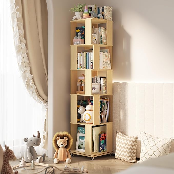 5 Tier Solid Wood Rotating Bookshelf Tower on Wheels, 360° Upgrade Spinning Book Shelf, Revolving Bookcase Organizer, Swivel Bookshelves for Small Spaces, Corner, Bedroom, Kids Room, Office (Natural)