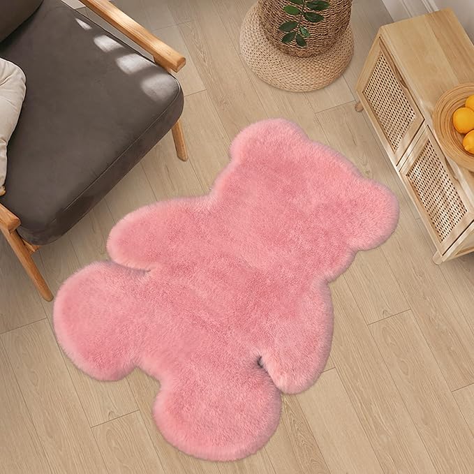 3x3.9ft Pink Small Bear Shaggy Rug, Soft Fluffy Faux Sheepskin Fur Rug Fuzzy Shag Area Rug Cute Plush Carpet for Nursery Kids Girls Bedroom Room Aesthetic Living Room Floor Home Decor, Pink