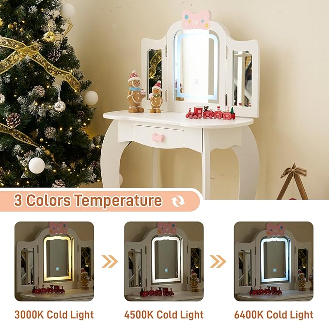Kids Vanity Table and Chair Set, Girls Vanity Set with Mirror & 3-Color LED Lights, Pretend Play Kids Vanity with Drawer & Cute Bow Print, Makeup Dressing Princess Table for Girls, White
