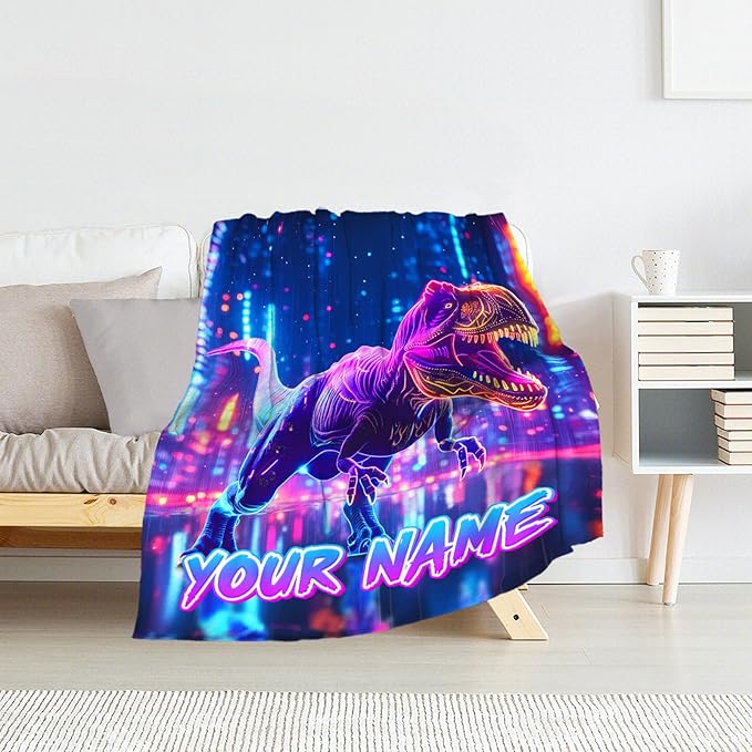 Custom Dinosaur Blankets Gifts for Boys - Teens Adult Fuzzy Dino Throw Blanket for Room, Work