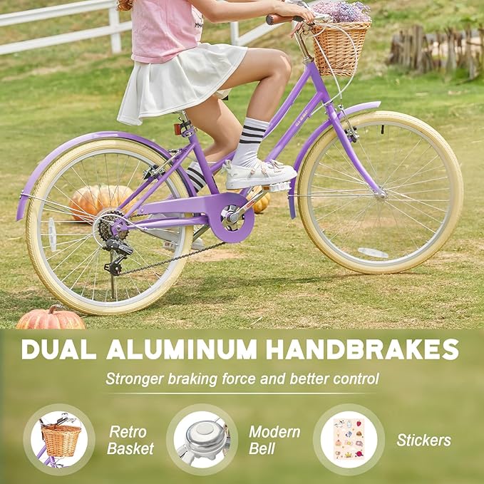 Glerc 20 24 26 Inch Beach Cruiser Bike, 6-Speed Hybrid City Bicycle for Girls Youth and Over 6 Years Old, Missy Bike with Wicker Basket & Lightweight, Multiple Colors