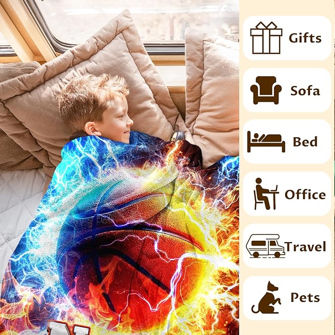 Basketball Blanket Personalized Gifts for Kids Boys - 50x40 Inches Cozy Soft Small Sports Throws for Basketball Lovers Players Son Grandson for Couch Travel Camp