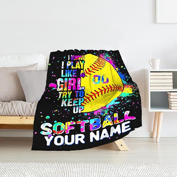 Personalized Softball Throw Blanket for Teens - 50x60 Inches Plush Softball Blankets for Girls - Black Warm Soft Throws for Sofa, Bed & Travel