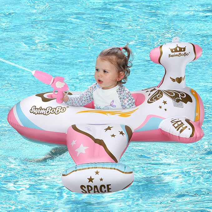 Swimbobo Toddler Pool Float with Seat Boat Inflatable Ride-on Airplane Pirates Sharks Car for Kids Outdoor Toys