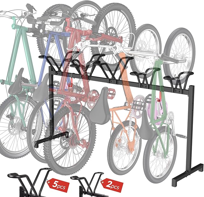 5 Bikes Floor Stand, Adjustable Bicycle Parking Rack with Hook for Garage, Indoor, Outdoor, Free Combination Bike Storage Cycle Rack for Mountain, Road and Kids Bikes, Max Tire Width 2.5”