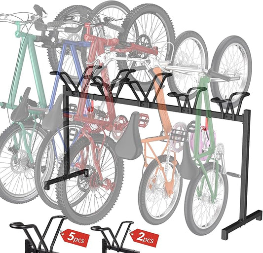 5 Bikes Floor Stand, Adjustable Bicycle Parking Rack with Hook for Garage, Indoor, Outdoor, Free Combination Bike Storage Cycle Rack for Mountain, Road and Kids Bikes, Max Tire Width 2.5”