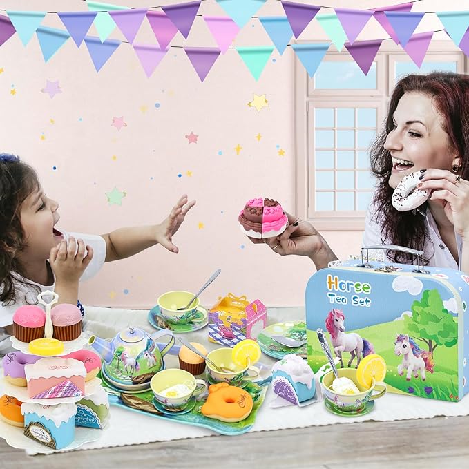 Tea Party Set for Little Girls,50PCS Princess Horse Tea Time Toy Including Food Sweet Treats Playsets,Teapot Tray Cake,Tablecloth & Carrying Case,Kids Kitchen Pretend Play for Girls Boys Age 3 4 5 6