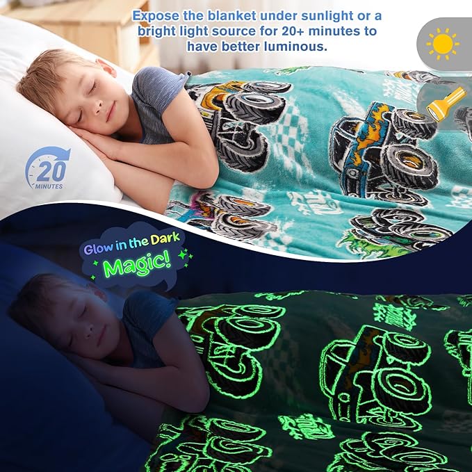 Monster Car Truck Gifts for Boys - Glow in The Dark Trucks Blanket Toys for Birthday Christmas Valentines Easter Presents for Kids Toddler Ages 2 3 4 5 6 7 8 9 10 11 12 13 Years Old Soft Throw 50"x60"