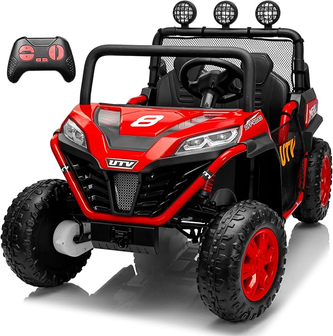 24V 2 Seater Ride on UTV Car, 4WD Ride on Toys for Kids with Remote Control, Shock Absorbers, LED Lights, Music, Off-Road Electric Car for Kids Boys Girls (Red)