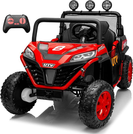24V 2 Seater Ride on UTV Car, 4WD Ride on Toys for Kids with Remote Control, Shock Absorbers, LED Lights, Music, Off-Road Electric Car for Kids Boys Girls (Red)