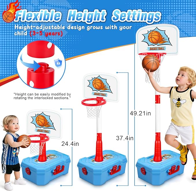 4-in-1 Toddler Basketball Hoop & Tee Ball Set,Adjustable Height Kids Basketball Hoop with Automatic Pitch -Kids Outdoor Sport Birthday Christmas Toys Gifts for Boys Girls