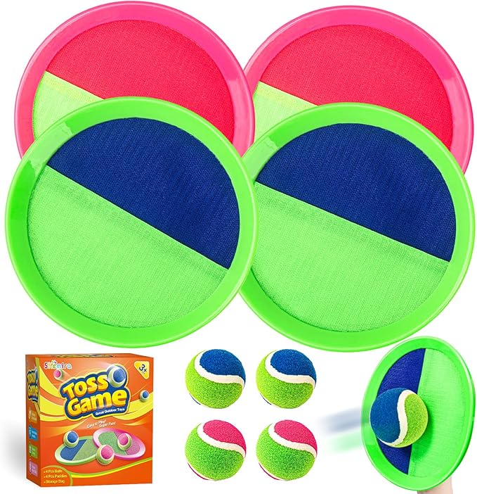 Shemira Toss and Catch Ball Game Set, Beach Pool Yard Outdoor Toys Games for Kids Ages 4-8-12, Lawn Beach Camping Outdoor Games for Adult Family, Birthday Summer Gifts for Kids, 4 Paddles 4 Balls