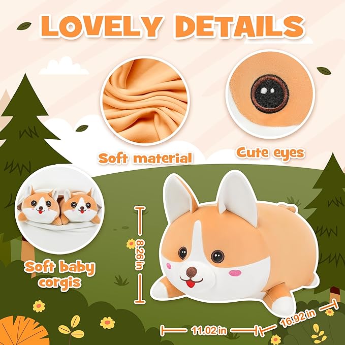 17" Corgi Plush, Soft Stuffed Animal Dog Pillow Toy, Corgi Mommy with 4 Baby Puppy Family Set, Cute Birthday Gift for Kids Boys Girls