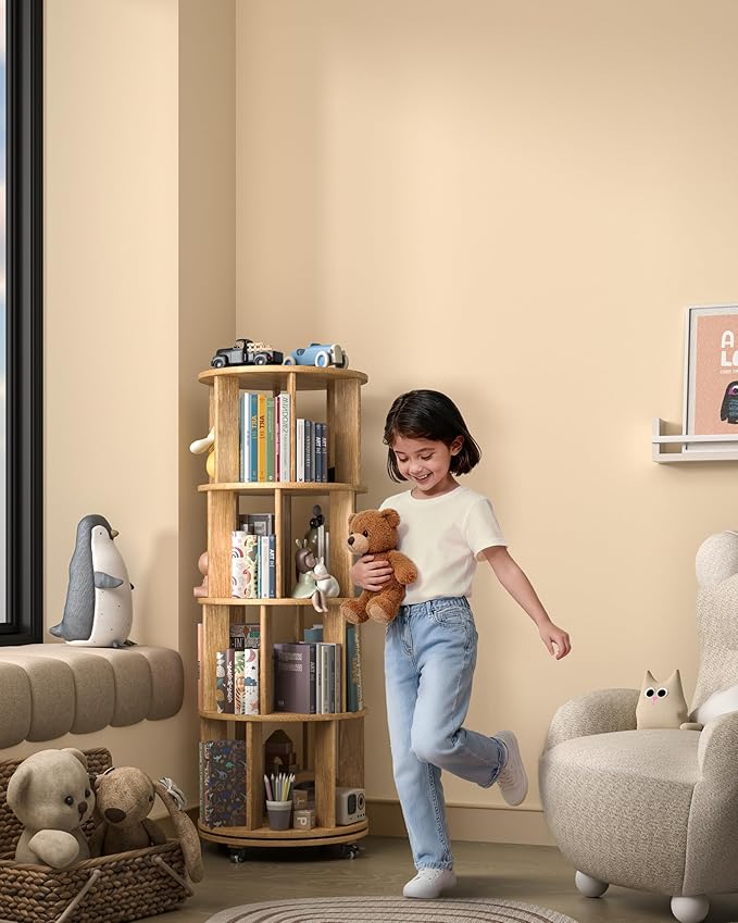 4-Tier Solid Wood Rotating Bookshelf on Wheels, 360° Spinning Book Shelf Tower, Round Revolving Bookcase Organizer, Rolling Bookshelves for Small Spaces, Corner, Bedroom, Kids Room, Office, Natural