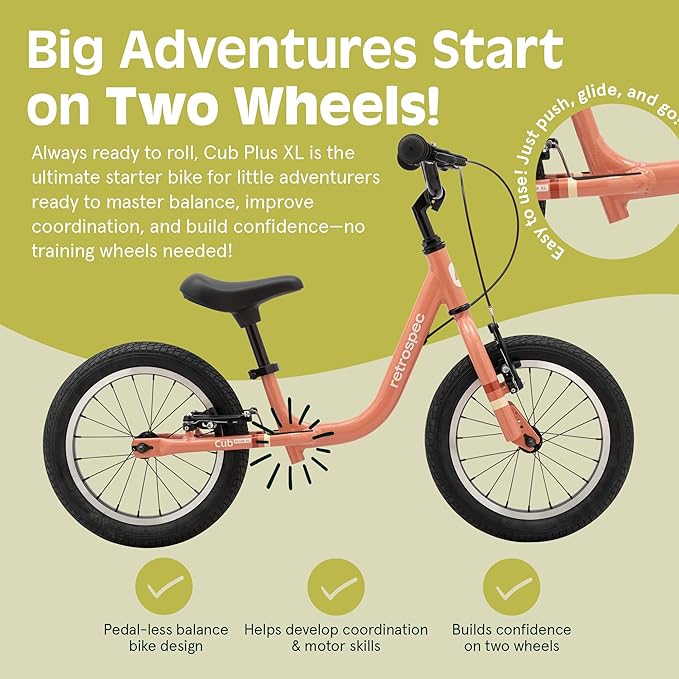 Retrospec Cub Plus XL Kids Balance Bike - 14in Outdoor Toddler Bike with Adjustable Height 15-21in - Lightweight Aluminum Frame & Hand Brakes for Ages 4-6 - Training with Air Tires