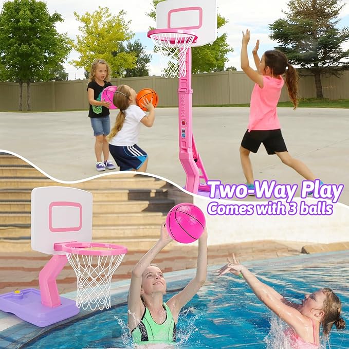 Toddler Girl Basketball Hoop Indoor Pink Adjustable Mini Basketball Goal with Ball Pump for Outdoor Poolside Toys Backyard Game Outside Basketball Toy for Kids Age 1-3 3-5 6 7 4-8 Birthday Gift