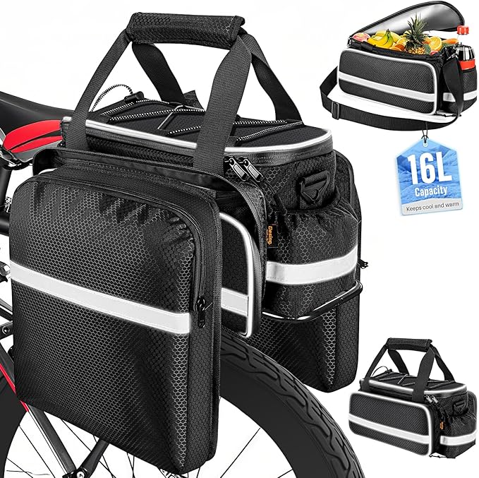 Desing Wish 16L Bike Bags for Bicycle Rear Rack Large Capacity Insulated Bicycle Rack Pouch Ebike Pannier Bag Bike Saddle Seat Pouch for Cycling Trip/Commuter (Black)