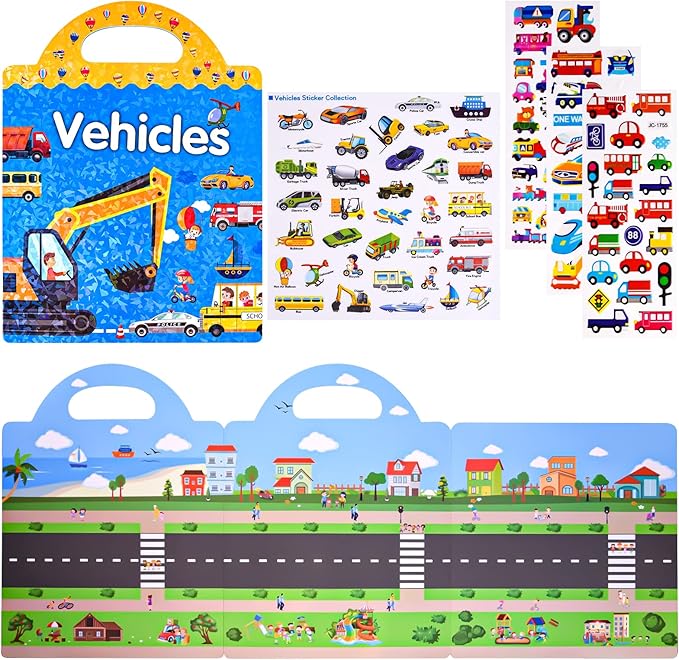 ASTARON 88 Pcs Vehicle Sticker Book for Toddlers, Reusable 3D Sticker Books Road Trip Activities Car Airplane Activities Travel Toys for Kids(2-6 Age)