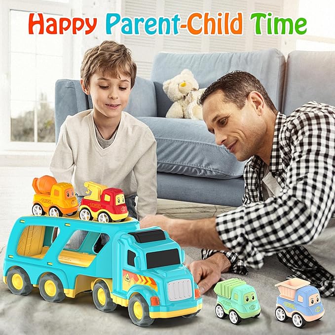 Veslier Toy Trucks for 2 3 4 5Years Old,Construction Transpor Trucks for Toddlers 2-4 Years with 4 Pull Back Cars for Toddlers 2-4,Christmas Birthday Gift for 18M+ 2 3 4 5 Years Old Kids Boys Girls.