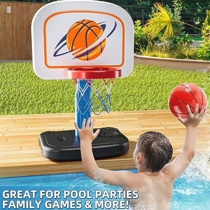 Swimming Pool Basketball Hoop, Adjustable Height Toddler Basketball Hoop, Includes 4 Balls and Pump, Poolside Water Basketball Indoor & Outdoor Toy for Boys Girls Kids Age 3-8