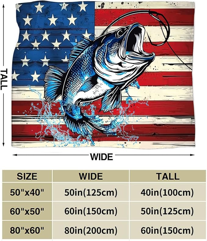 Bass Fish Blanket American Flag Fishing Throw Blankets Gifts for Girls Boys Kids Fishing Lover Soft Cozy Fleece Plush for Couch Sofa Bed 80"x60"