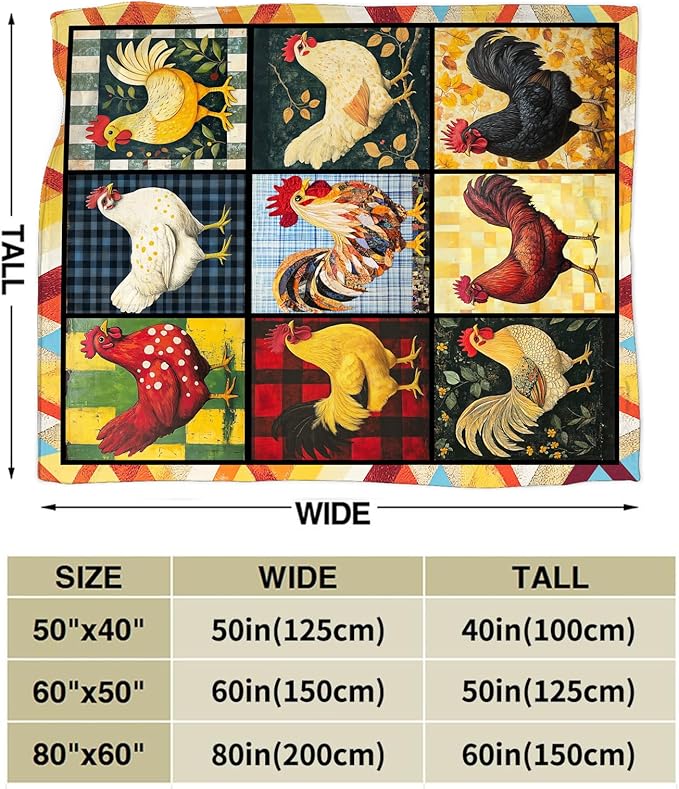 Rooster Blanket, Chicken Throw Blanket, Farmhouse Rooster Gifts Blankets Stuff Fleece Flannel Plush for Women Men Boys Girls Lovers Adults Soft Bedding Gift for Sofa Bed Office Home Decor 80"x60"