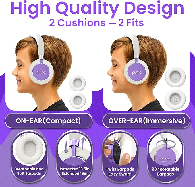 Puro Sound Labs Kids Wireless Headphones – Volume-Limiting 85dB, Built-in Mic, Studio-Grade Sound, 20-Hour Battery Life, Comfortable & Easy to Connect Kids Bluetooth Headphones – BT2200 Plus, Purple