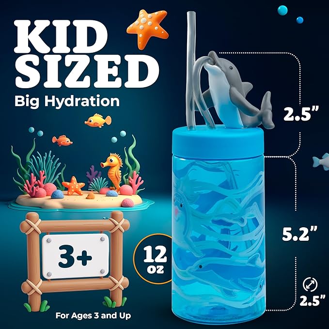 Kids Water Bottle, Toddler Cups, Tumbler with Lid and Straw, Travel Sippy Cup for Water or Milk, Kids Cups with Lids for Toddlers 3 and Up, BPA Free Plastic, 12 oz (Sealife Dolphin)