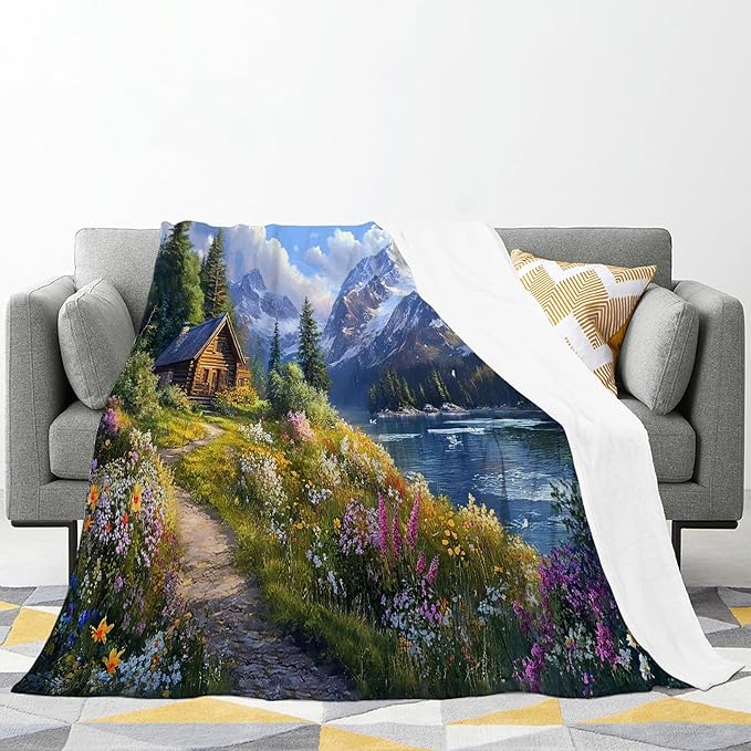 Mountain Landscape Blanket, Nature Lake Tree Fleece Blanket Gifts for Boys Girls, Warm Cozy Soft Flannel Stuff for Bed Sofa Couch 80" x 60"