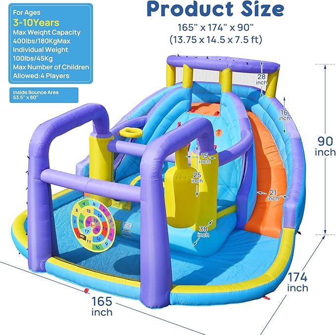 Inflatable Bounce House Water Slide Combo, Blow Up Water Slides for Backyard, Kids Jumper with Climbing Wall, Basketball Hoop, Splash Pool with Blower (Double Water Slide)