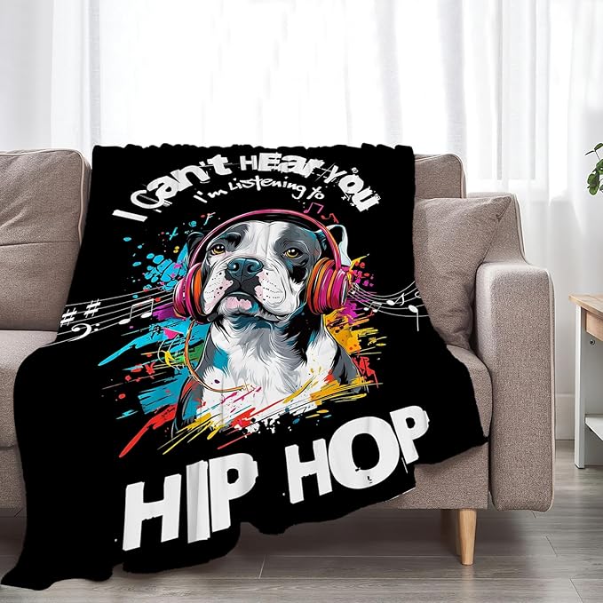 French Bulldog Throw Blanket Ultra Soft Cozy Funny Hip-Hop Music Dog Blanket Fleece Fuzzy Plush Bulldog Lovers Decor Gifts for Women Girls Adults Couch Sofa 80"x60"