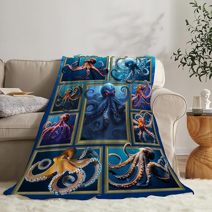 Octopus Throw Blanket - Ultra Soft Cozy Fleece Fuzzy Plush Octopus Lovers Decor Gift for Women, Girls & Adults - 60"x50"