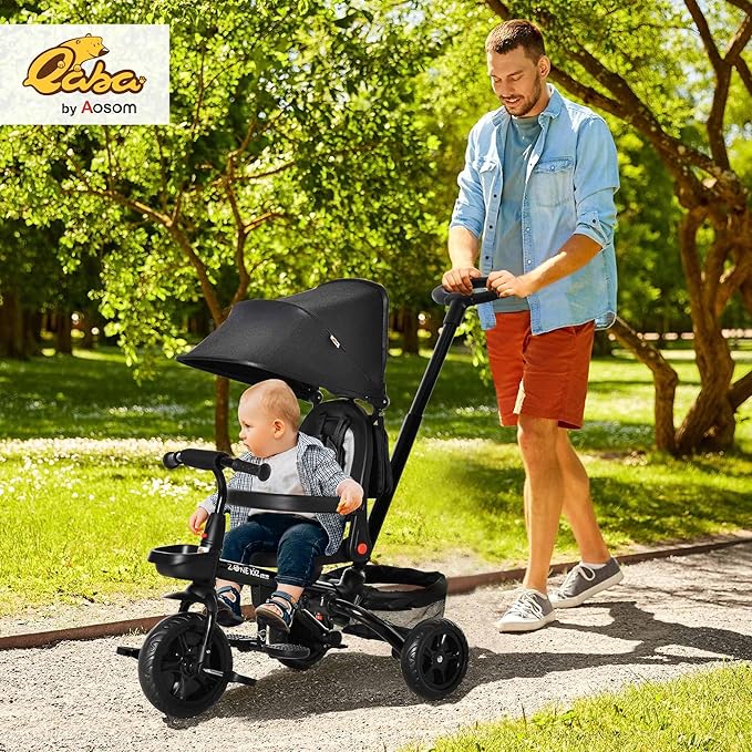 Qaba Kids Tricycle, 4 in 1 Foldable Trike with Reversible Seat, Adjustable Parent Handle, Safety Harness, Wheel Brakes, Removable Canopy, Storage, Tricycle for Toddlers 1-5 Years, Black