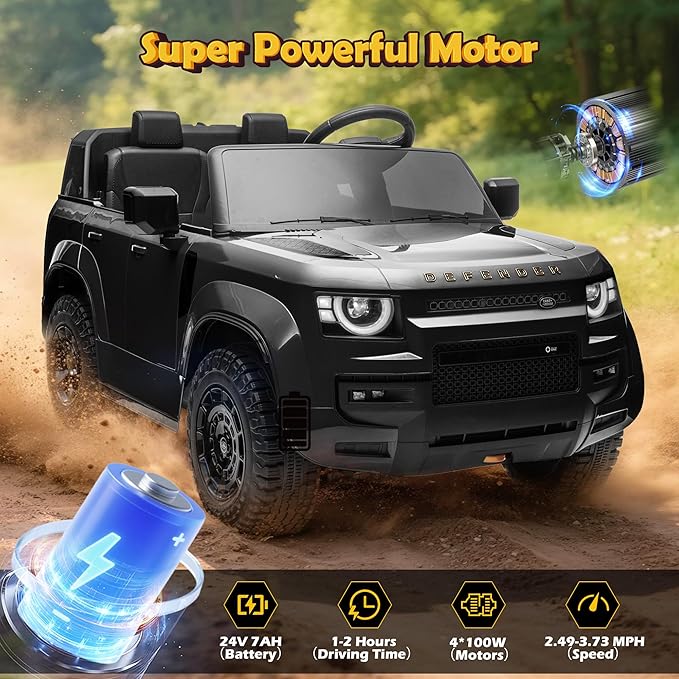 24V Licensed Land Rover 2 Seater Ride on Car for Kids, Battery Powered Electric Car Ride on Vehicle with Parent Remote Control, LED Light, Spring Suspension, Suitable for Aged 3-8, Black