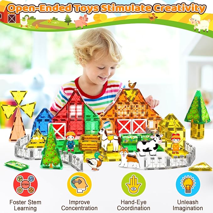 Magnetic Tiles with Farm Animals, Magnetic Blocks Building Toys for 3+ Year Old Toddler, Construction STEM Magnet Toys Gift for Kids, Boys and Girls 3 4 5 6 7 8+ Year Old